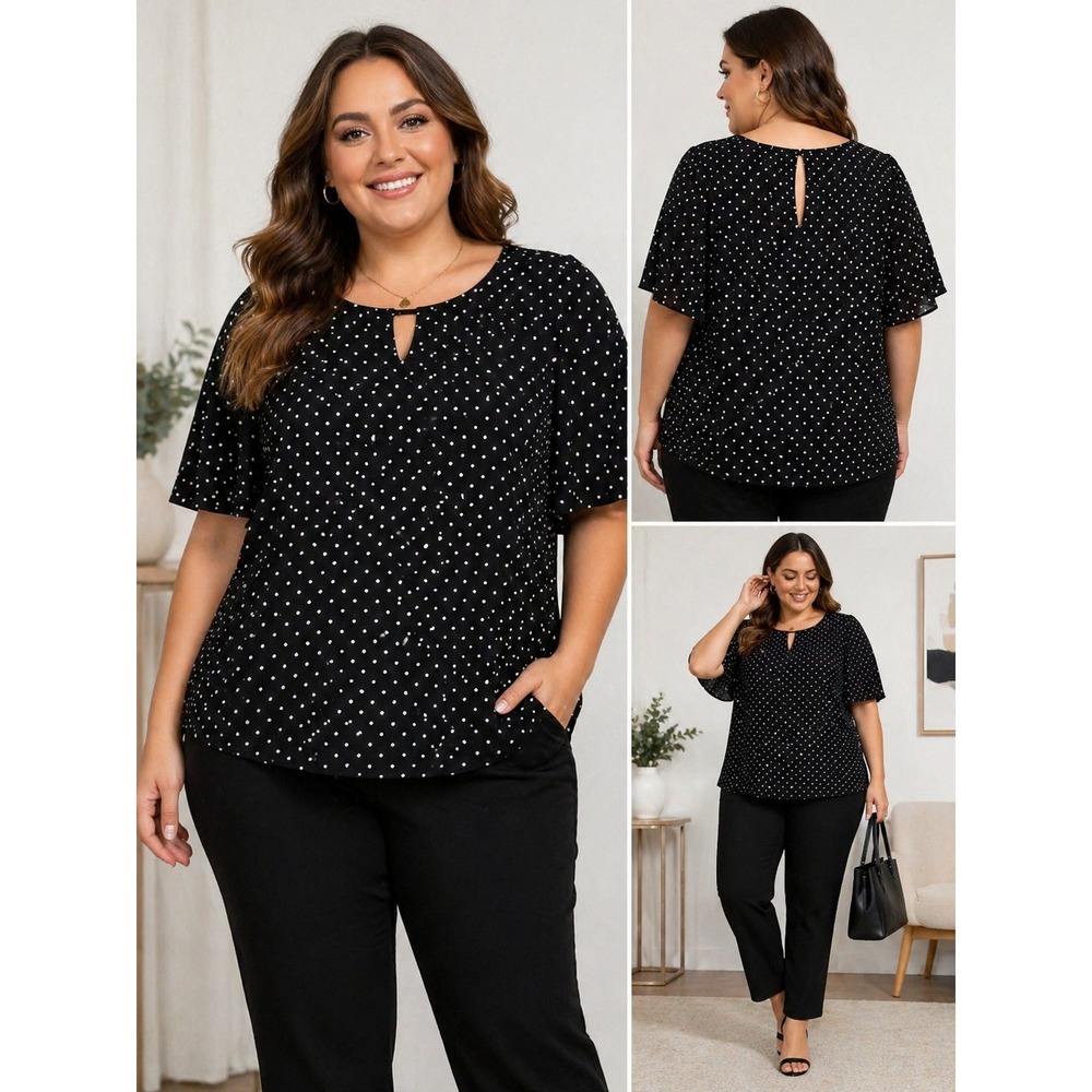 Philosophy Polka Dot Blouse Woman 3X Black White Classic Professional Keyhole